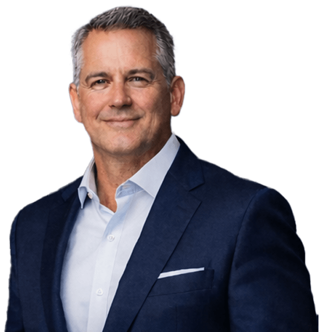 Confident business professional in a navy suit and light blue shirt